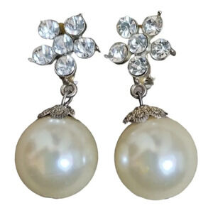 Flower Silver-Tone Crystal Faux Pearl Drop Clip On Earrings